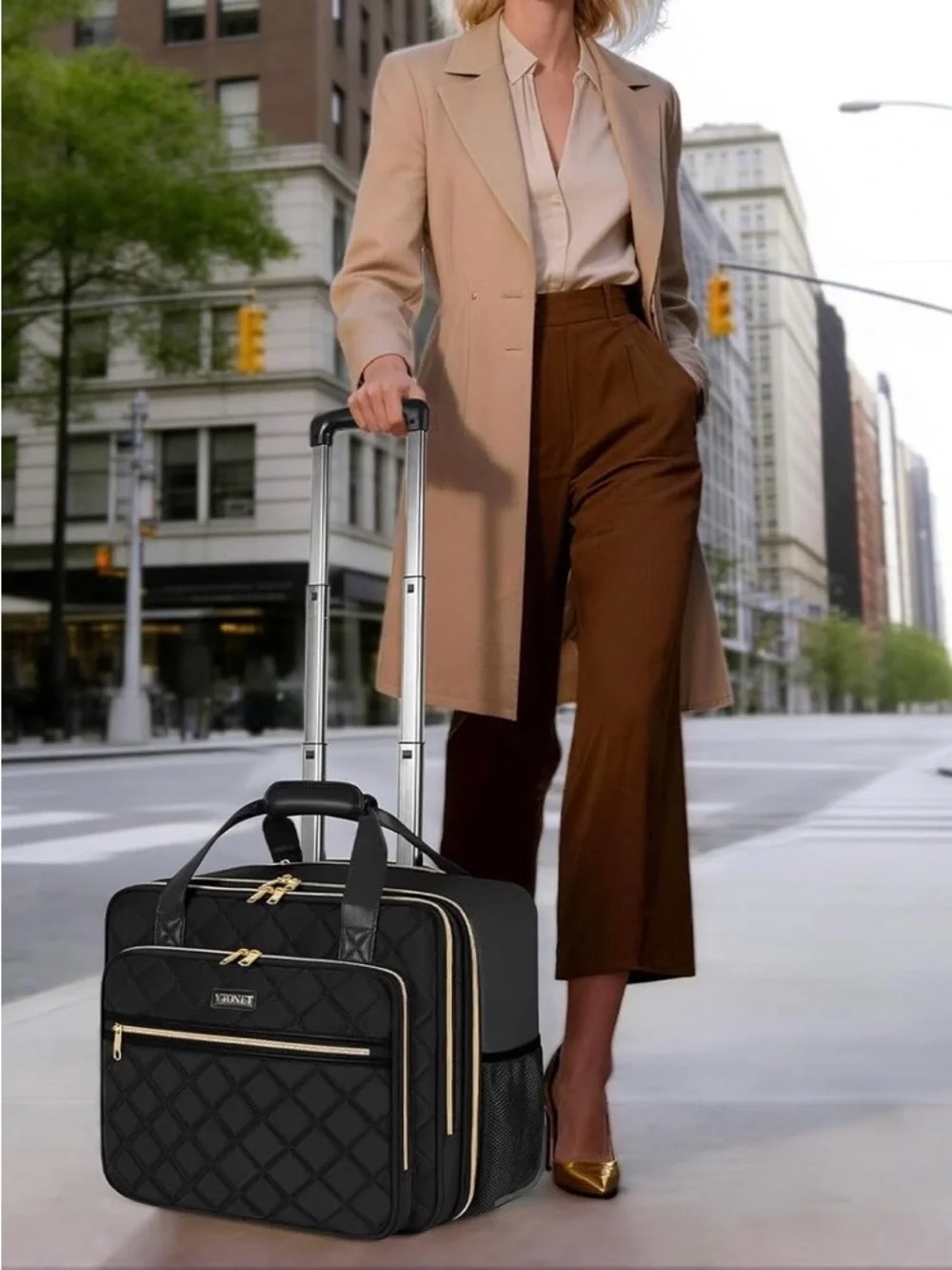 Quilted Black Travel Rolling Briefcase With Gold Zippers YTONET